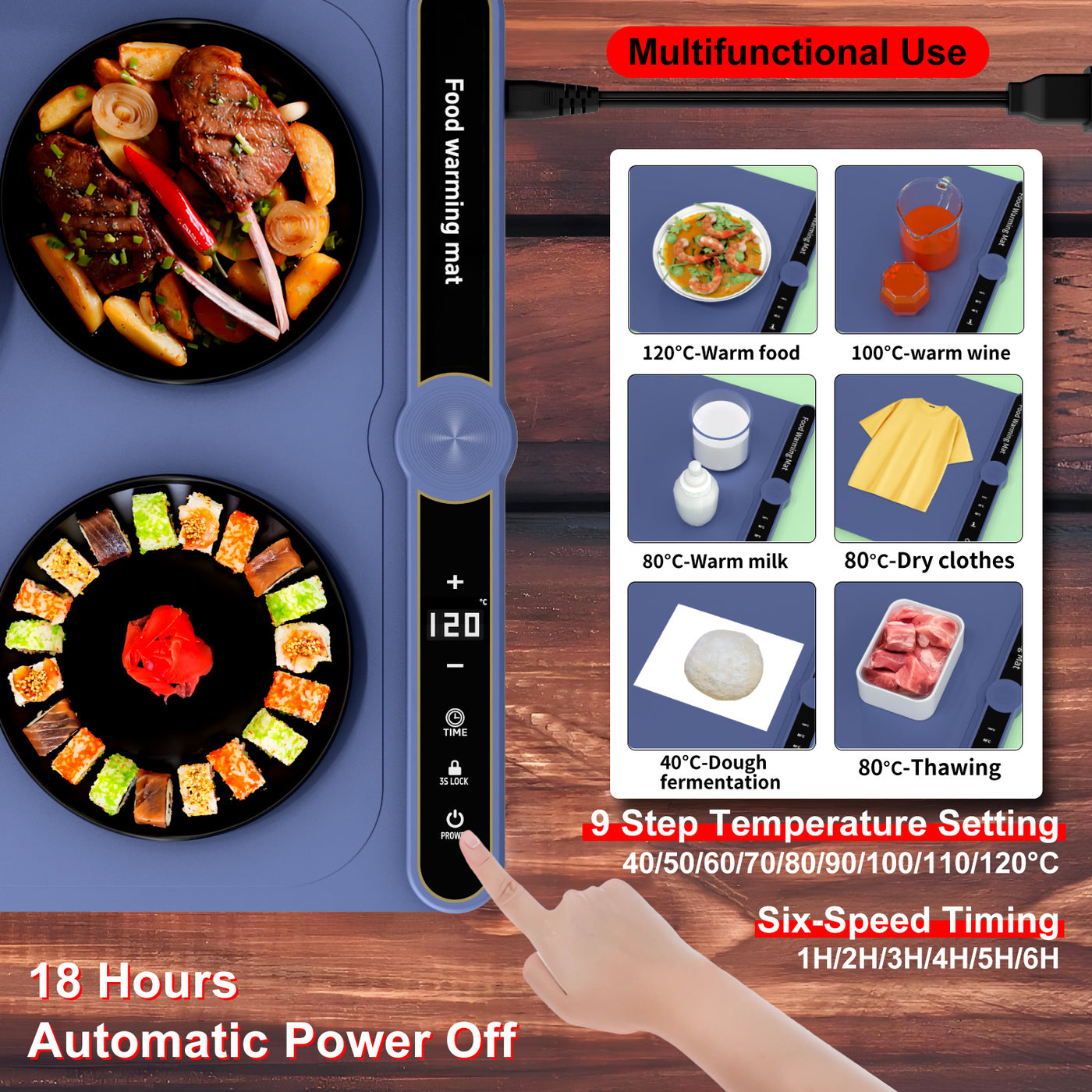 Foldable Heating Plate Mat Portable Keep Food Warm Electric Warming Mat For 8 Dishes With Time Setting