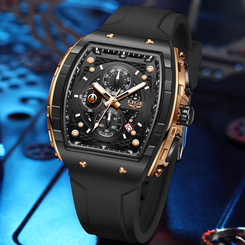 LIGE Top Brand Luxury Mens Watches Waterproof Sports Watch Silicone Strap Chronograph Quartz Wristwatch Relogios Masculino+BOX